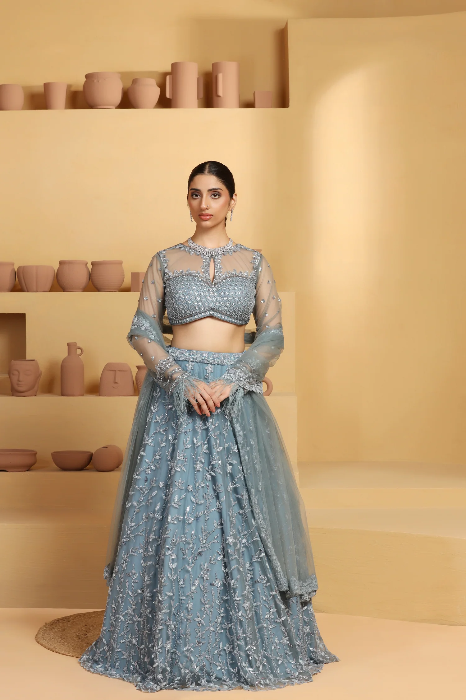 Kalidar Lehenga in Net with Floral Motifs and Geometric Pattern Choli
