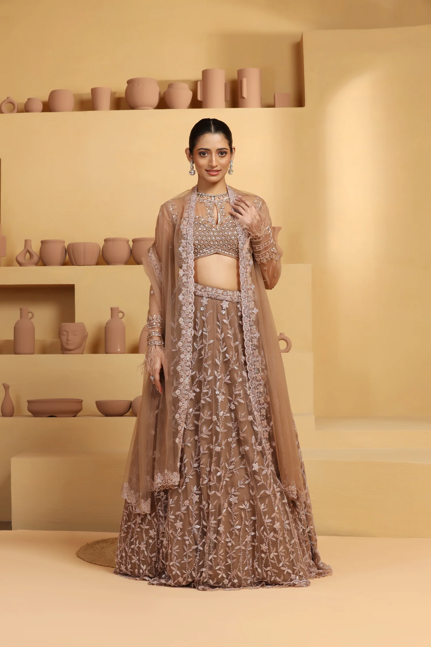 Floral Jaal Kalidar Lehenga with Pearl & Geometric Sequin Choli