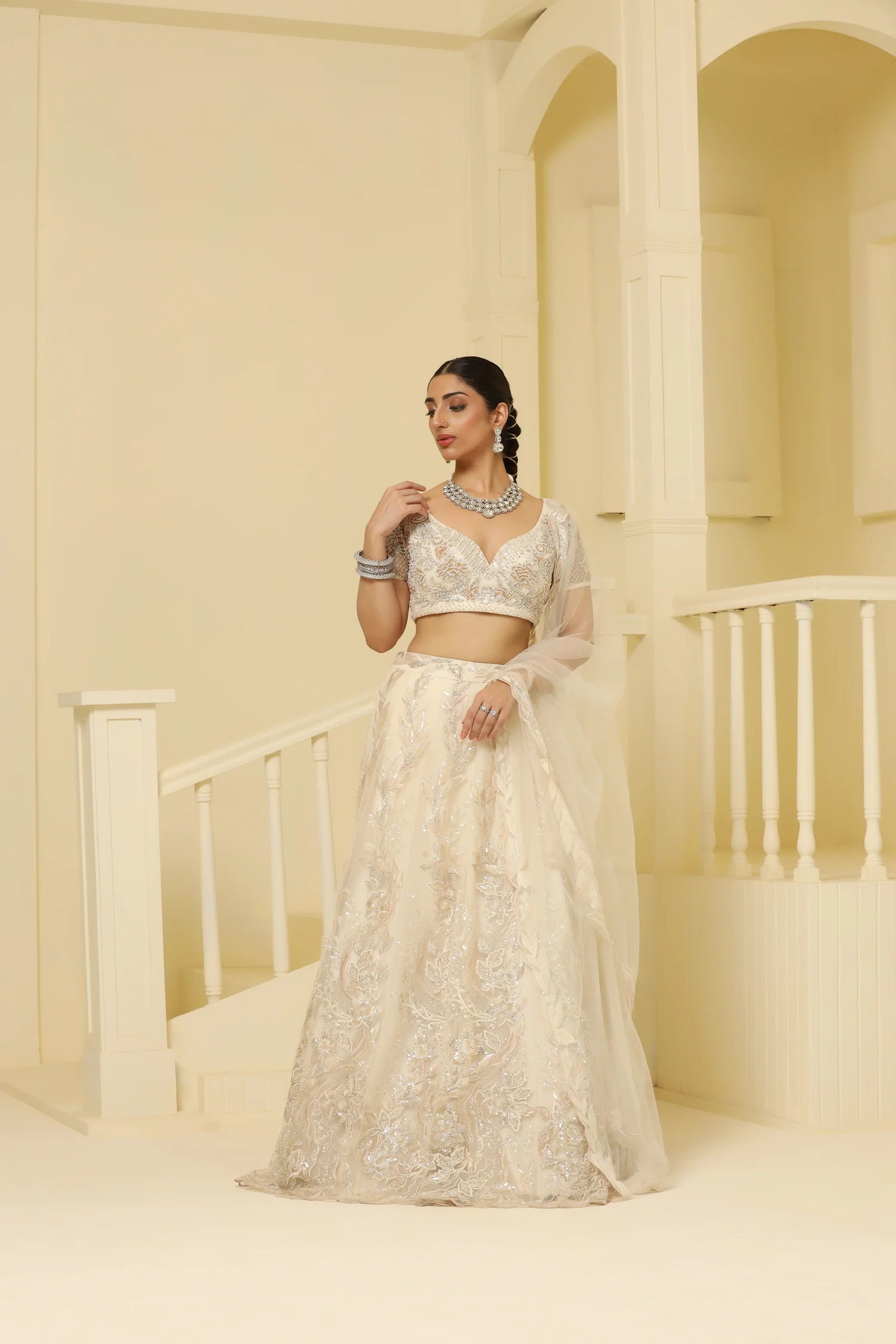 Beige Net Kalidar Lehenga Featuring 3D Floral Motifs and Cutdana Bead Embellishments