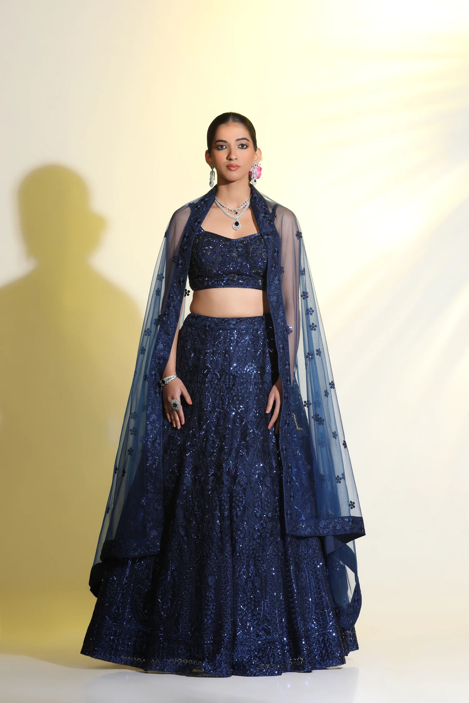 Flowing Navy Blue Lehenga with Sequins, Beads & Soft Dupatta