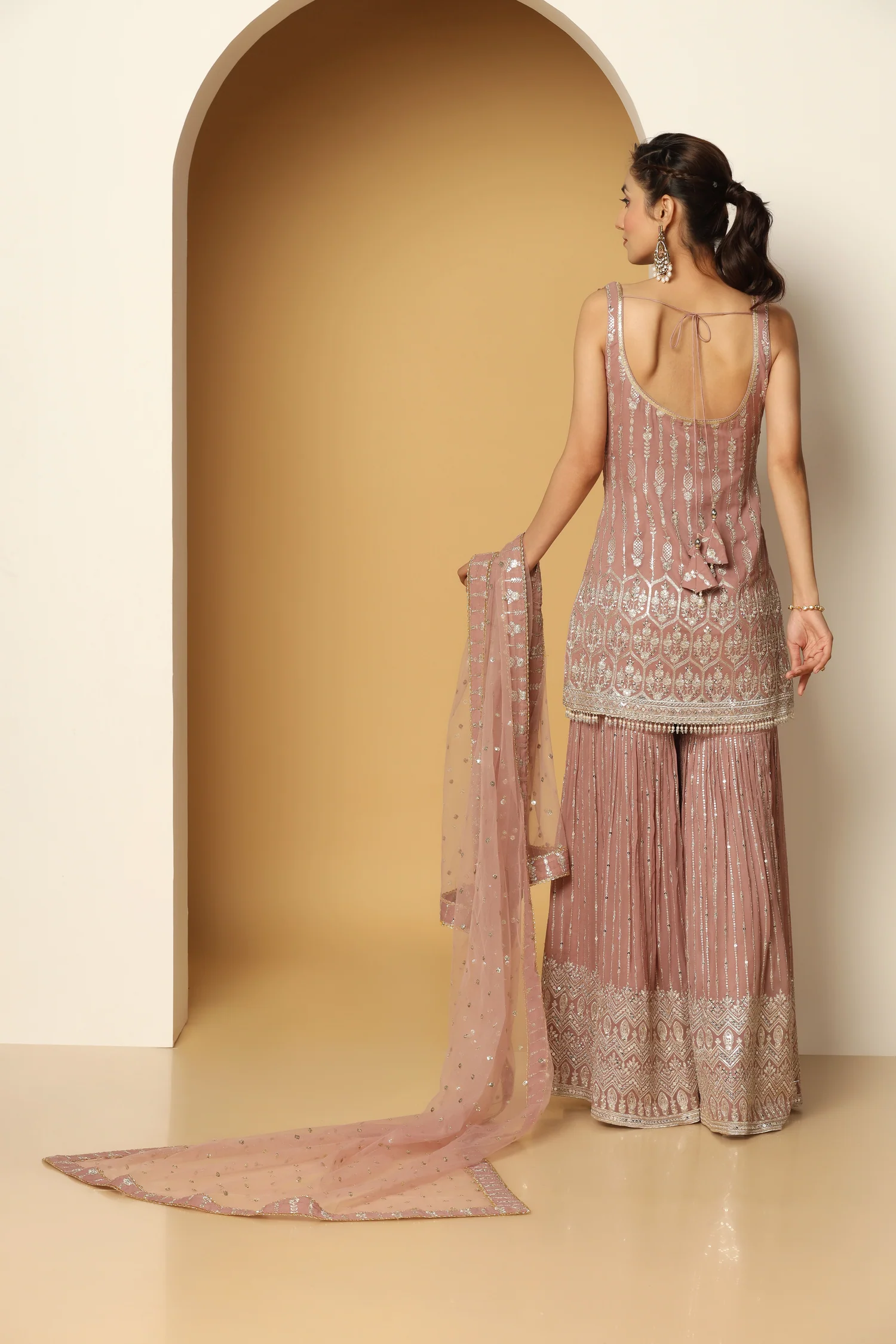 Pinkish Beige Tasseled Sharara Suit with Zari & Sequin Embroidery - Image 2