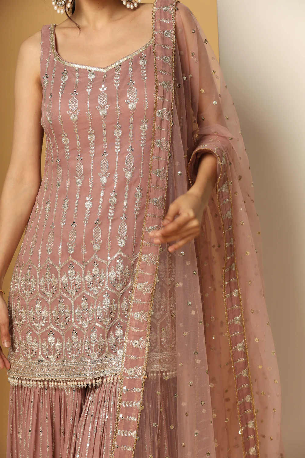 Pinkish Beige Tasseled Sharara Suit with Zari & Sequin Embroidery - Image 3