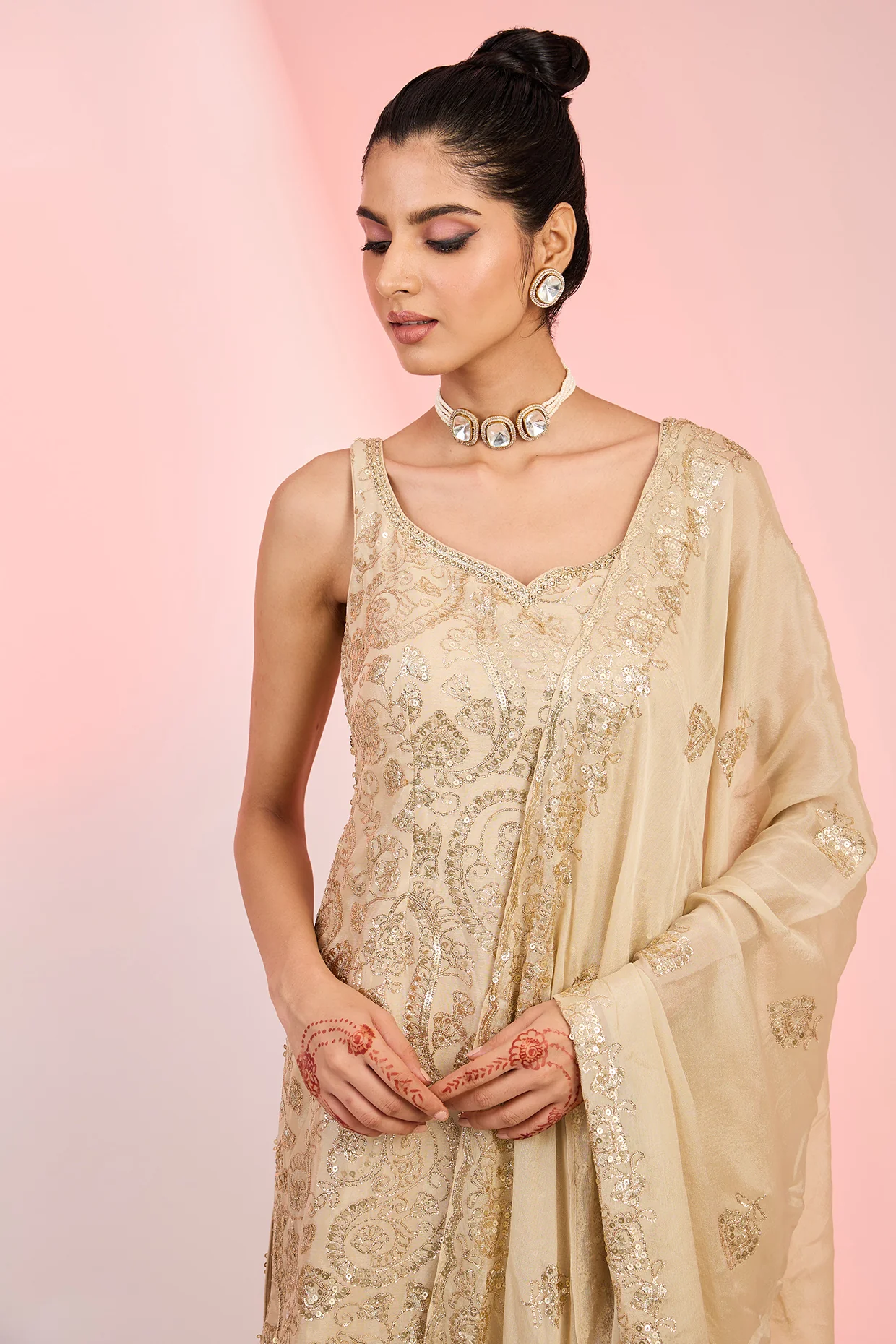 Beige Chinon Sequin Embroidered Sharara Set - Image 4