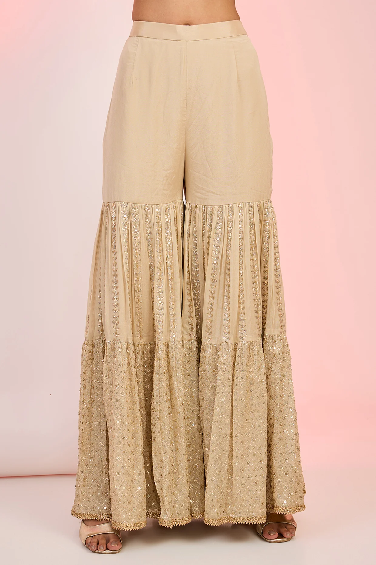 Beige Chinon Sequin Embroidered Sharara Set - Image 3