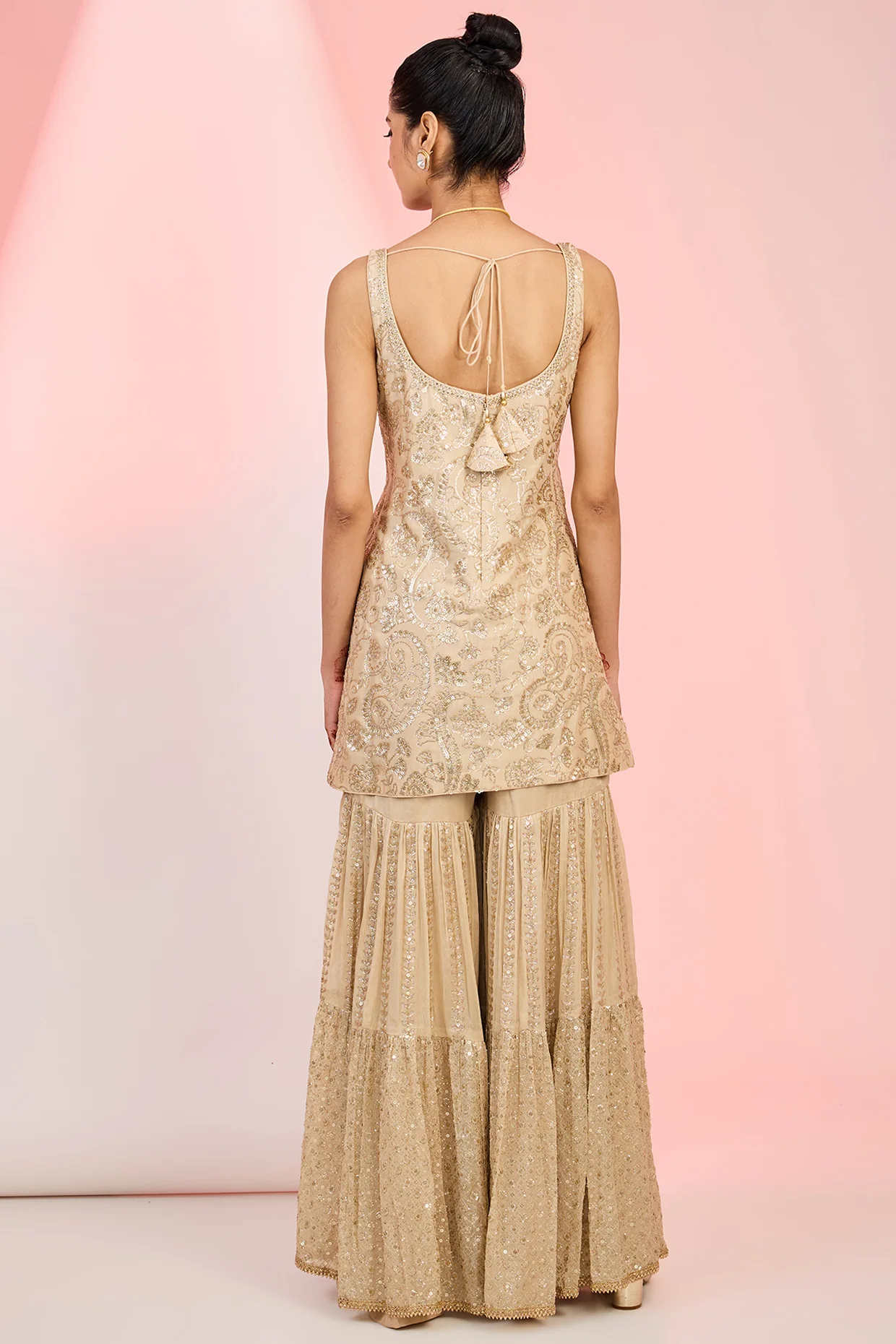 Beige Chinon Sequin Embroidered Sharara Set - Image 2