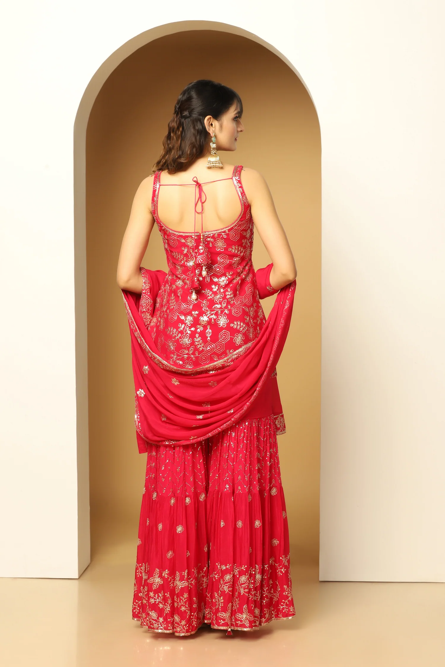 Crimson Sequin Embroidered Short Kurti & Sharara - Image 3