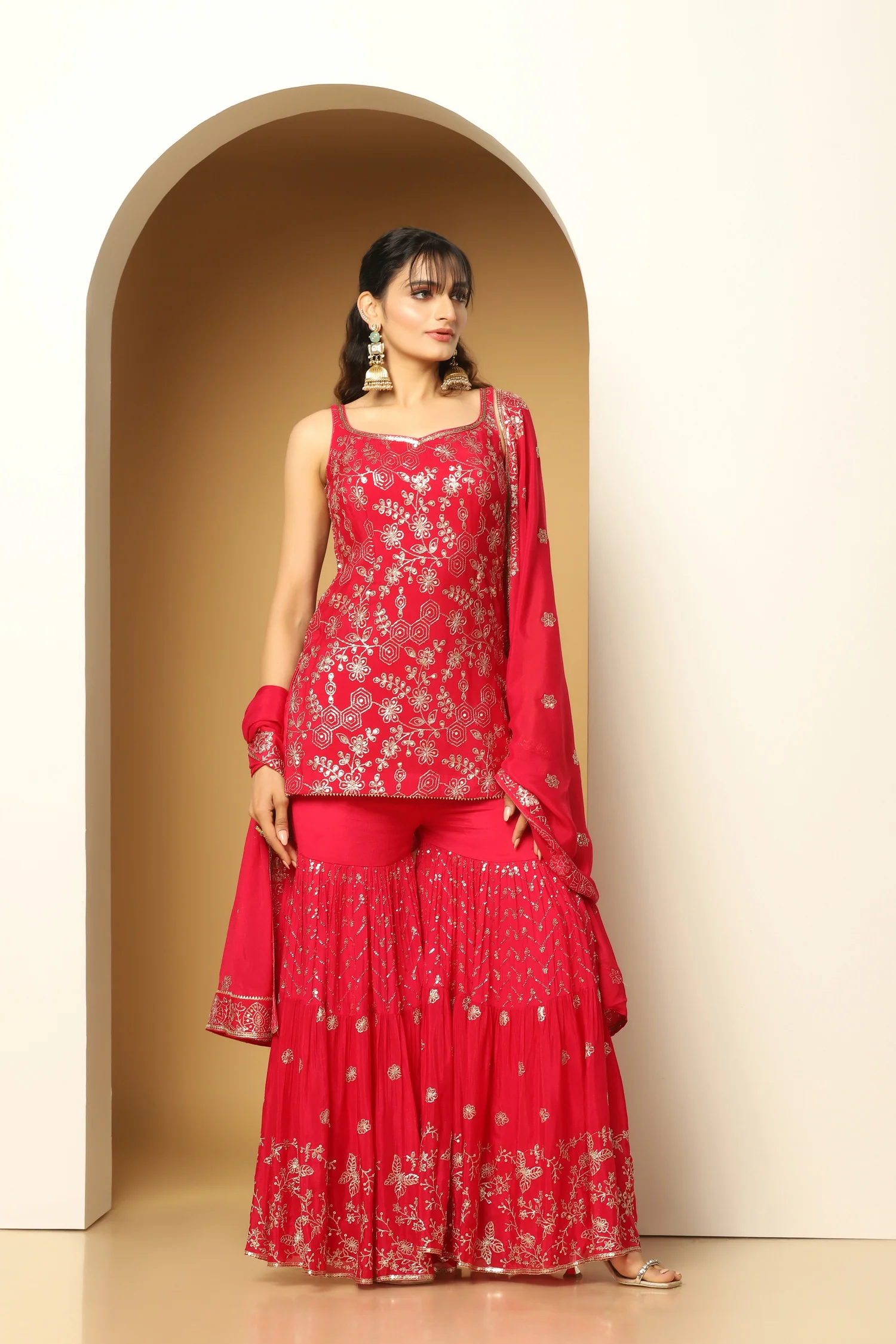 Crimson Sequin Embroidered Short Kurti & Sharara - Image 2