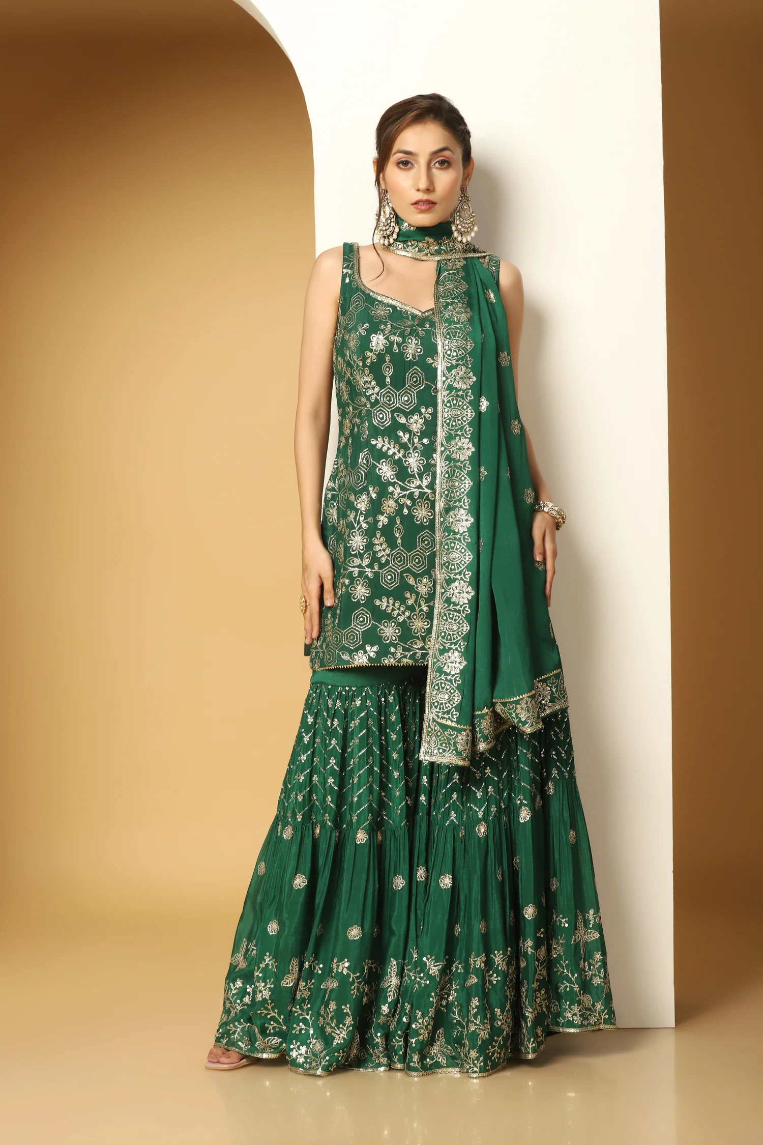 Bottle Green Chinon Chiffon Sequin Sharara Suit