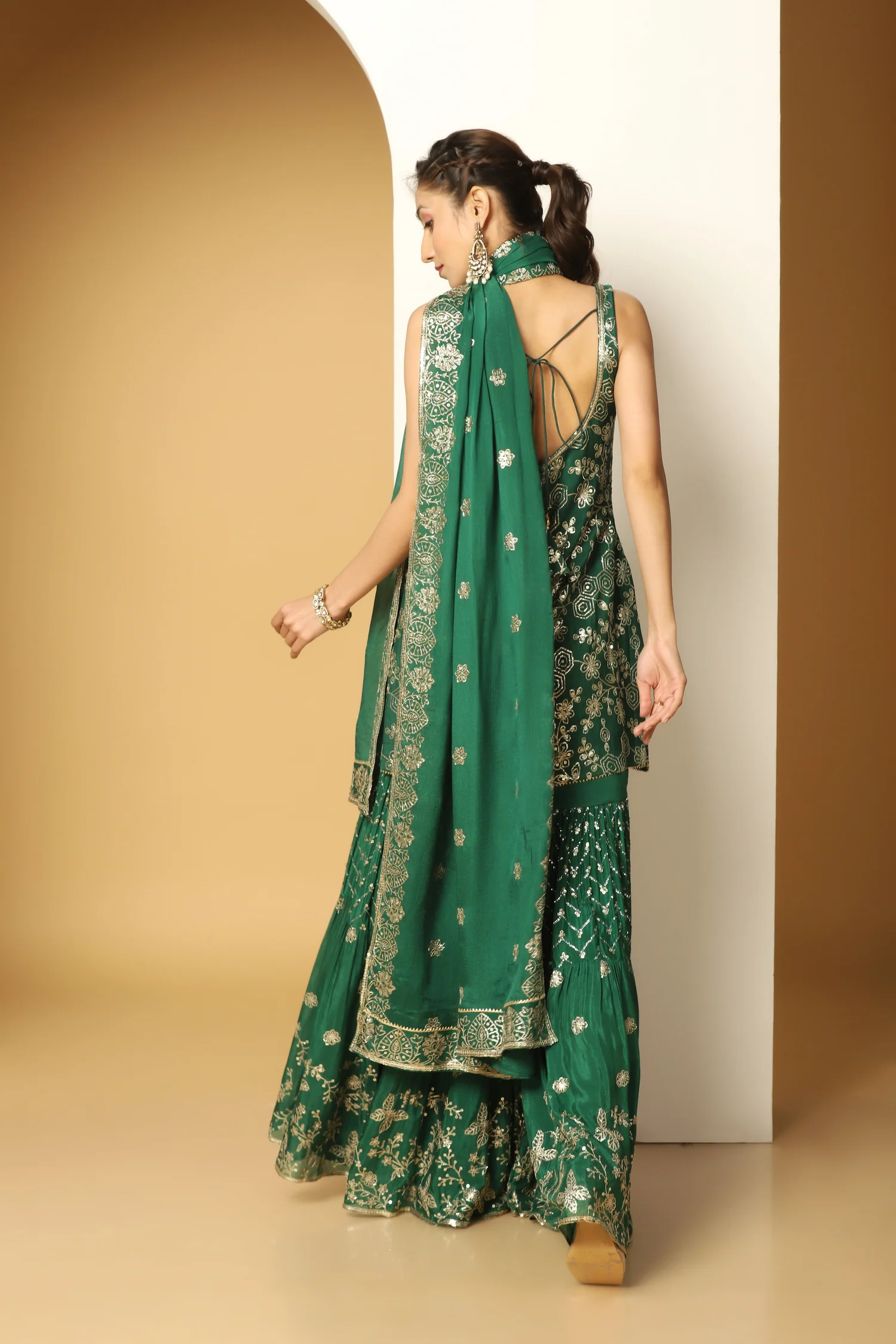 Bottle Green Chinon Chiffon Sequin Sharara Suit - Image 2