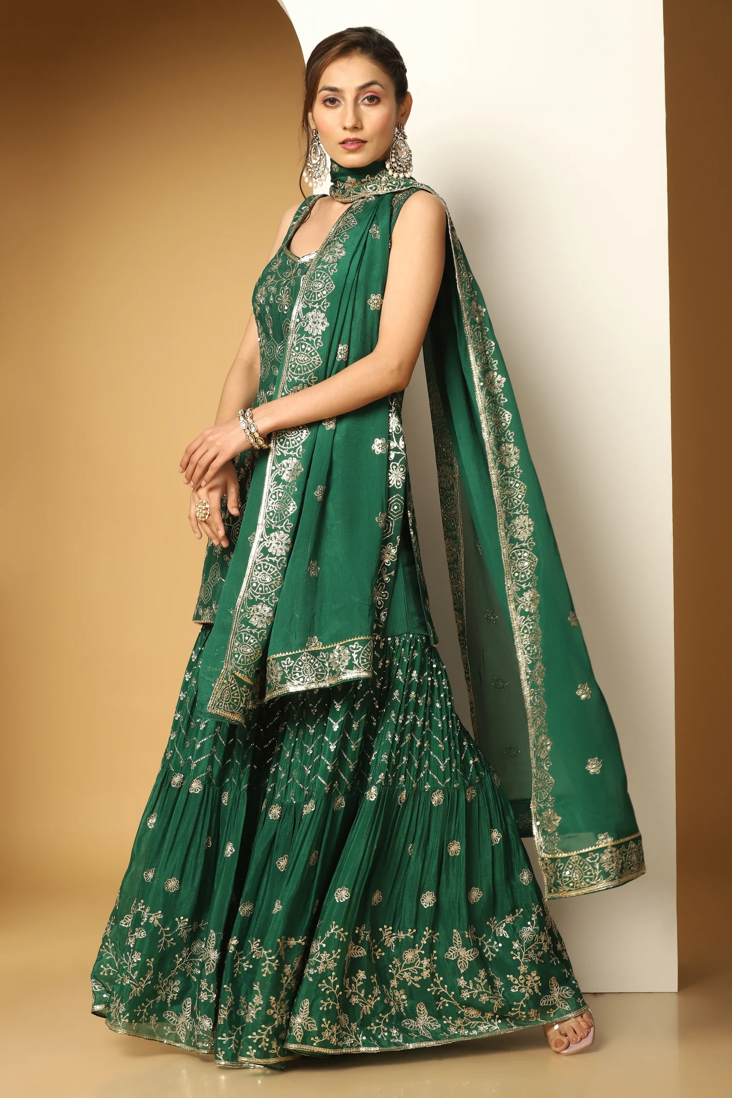 Bottle Green Chinon Chiffon Sequin Sharara Suit - Image 5