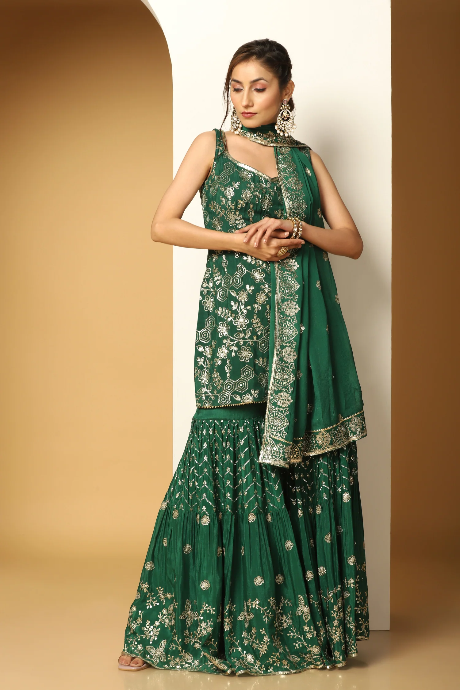 Bottle Green Chinon Chiffon Sequin Sharara Suit - Image 4