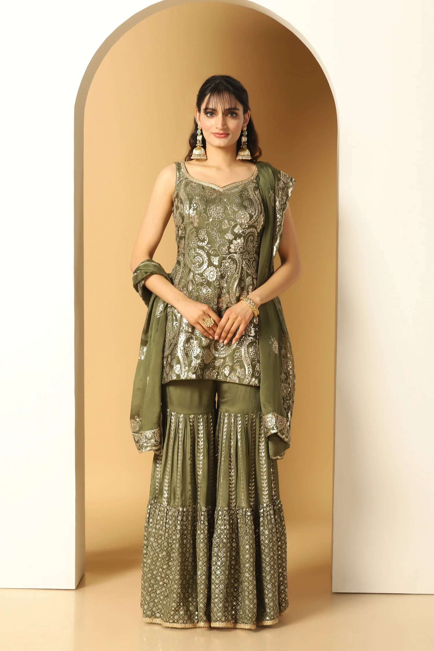 Olive Green Chinon Chiffon Sequin Paisley Sharara Suit