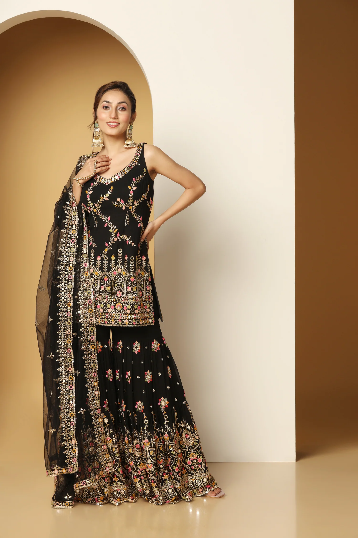 Starlit Black Elegance Multi-Coloured Resham & Foil Sharara Set