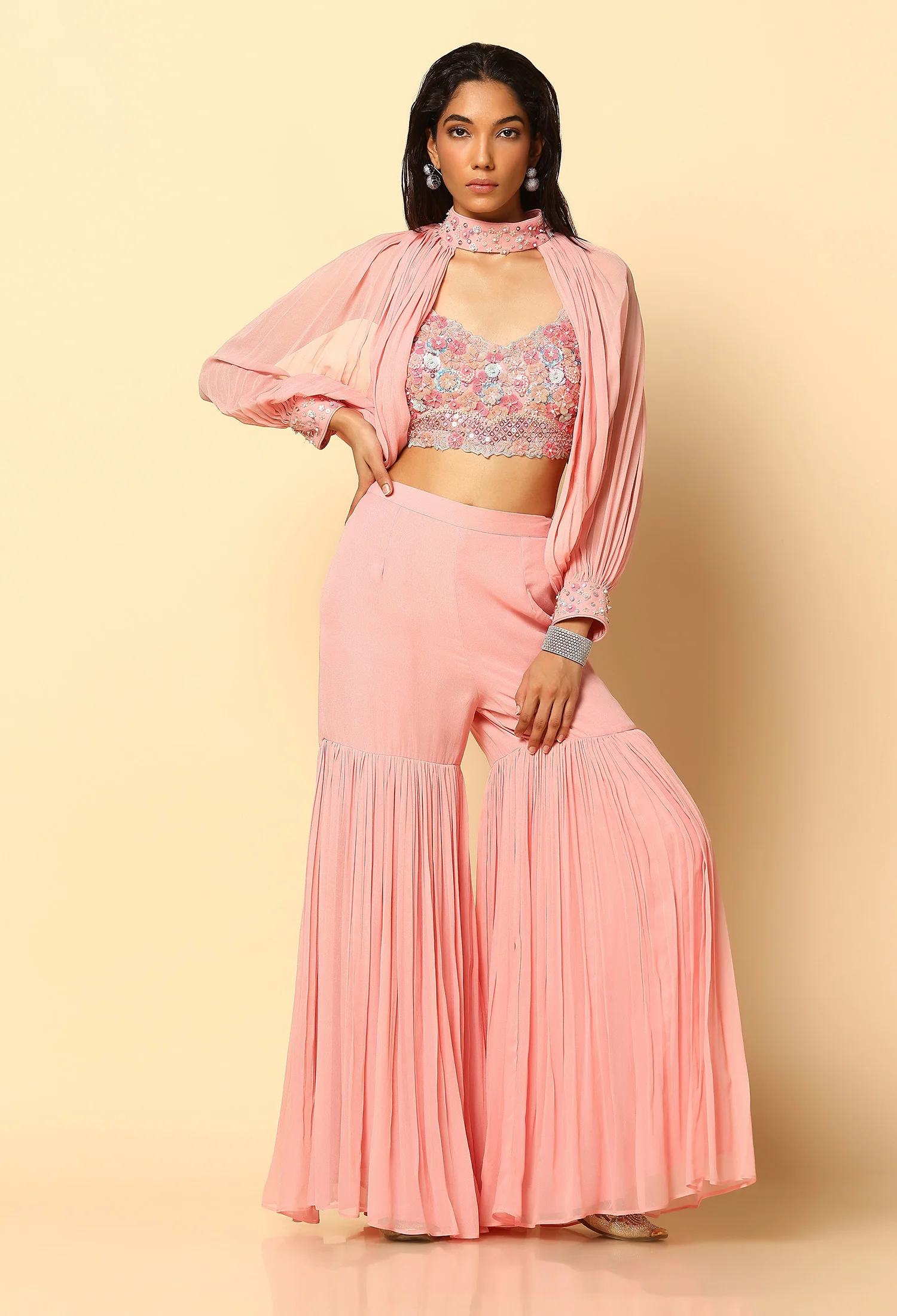 Pink Viscose Georgette Sharara Set with 3D Embroidered Detachable Sleeve Blouse