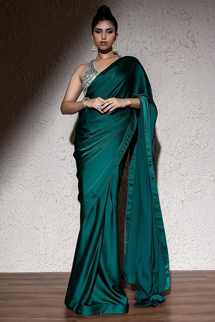 Festive Green Armani Satin Saree with Detailed Halter Blouse