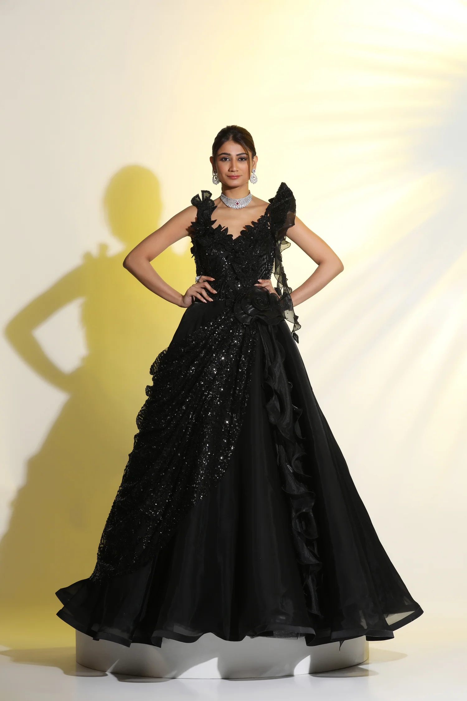 Black Sequin Glitter 3D Flower Ruffle Ball Gown
