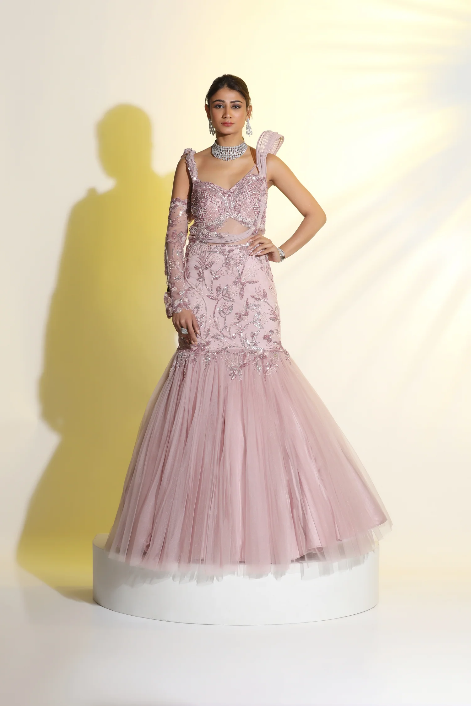 Peach Prism Hand-Embroidered One-Sleeve Gown