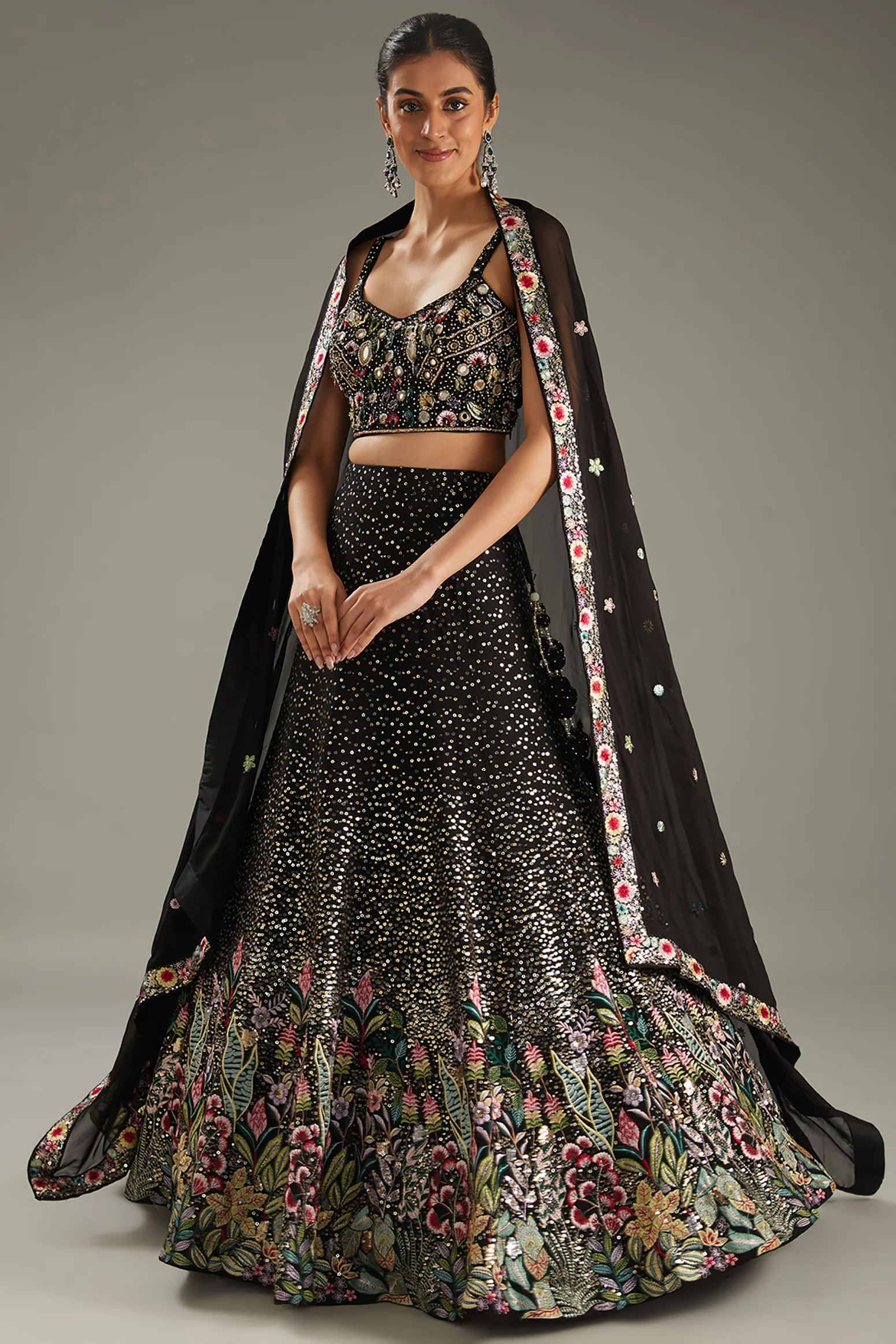 Black Georgette 3D Embroidered Lehenga Set