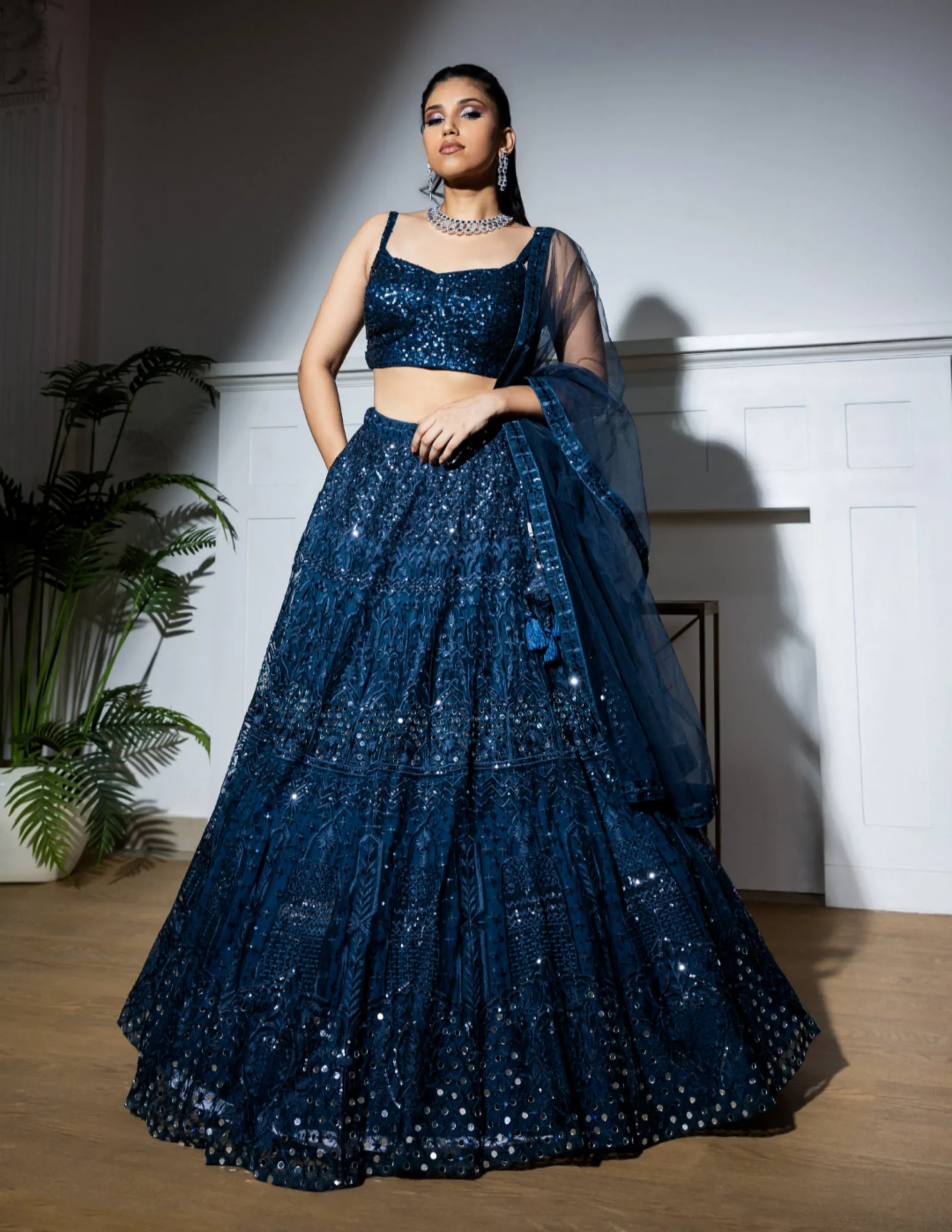 Jharokha Charm Navy Blue Sequin Embroidered Lehenga
