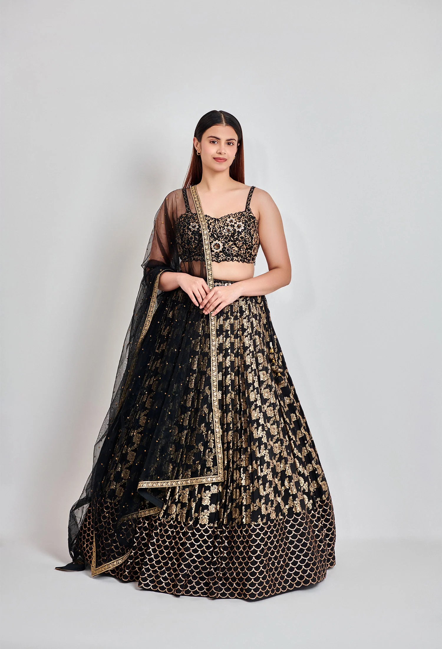 Black & Gold Majesty Mirror Work Jacquard Lehenga