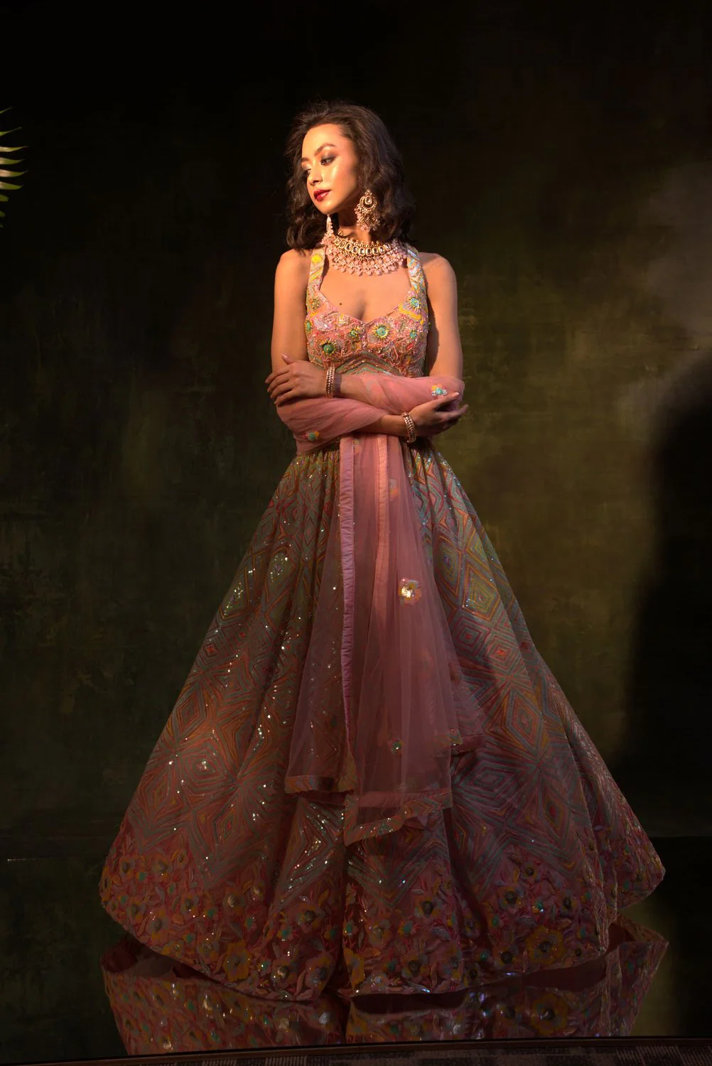 Blush Pink Geometric Sequin Embroidered Multicolor Lehenga