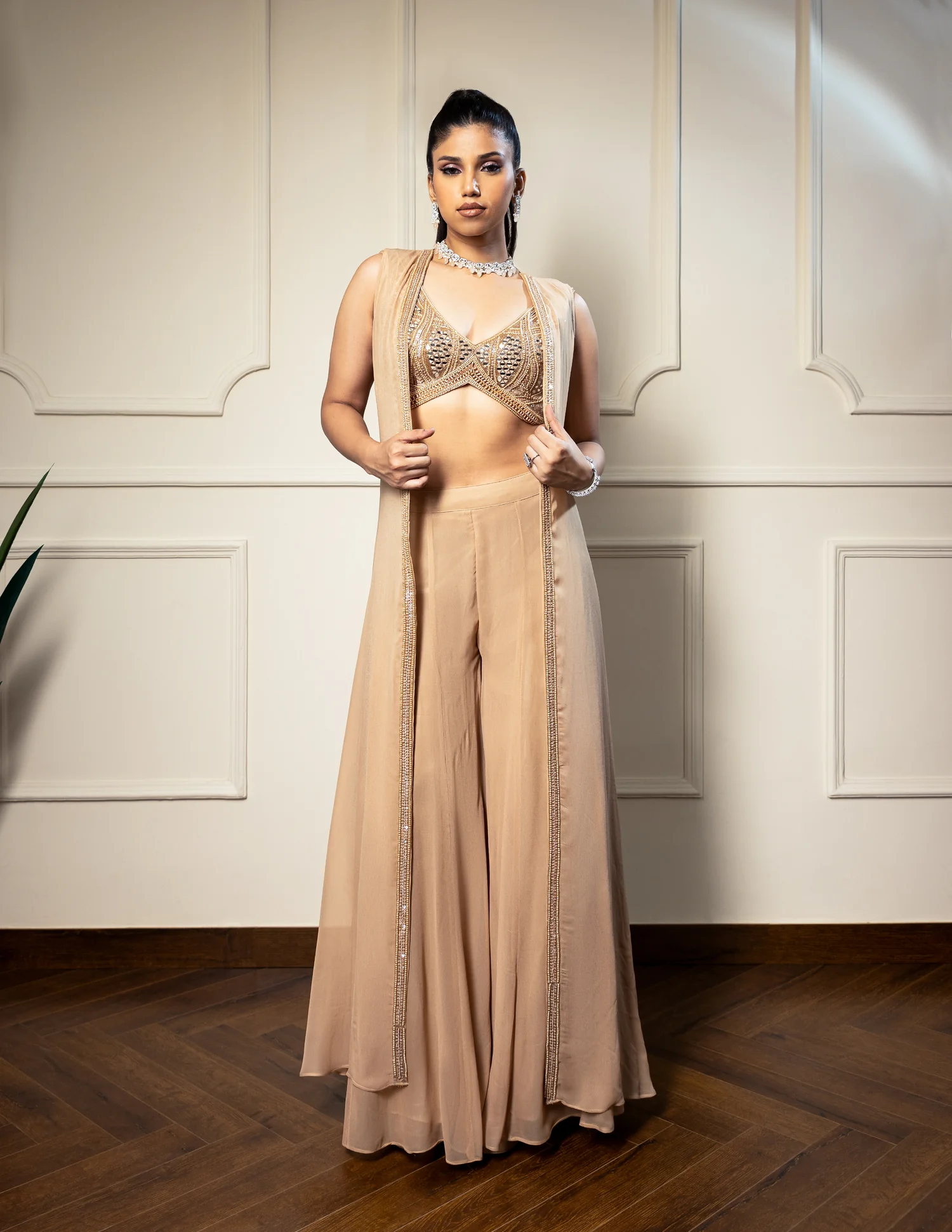 Beige Placement Beads Embroidered Cape Gharara