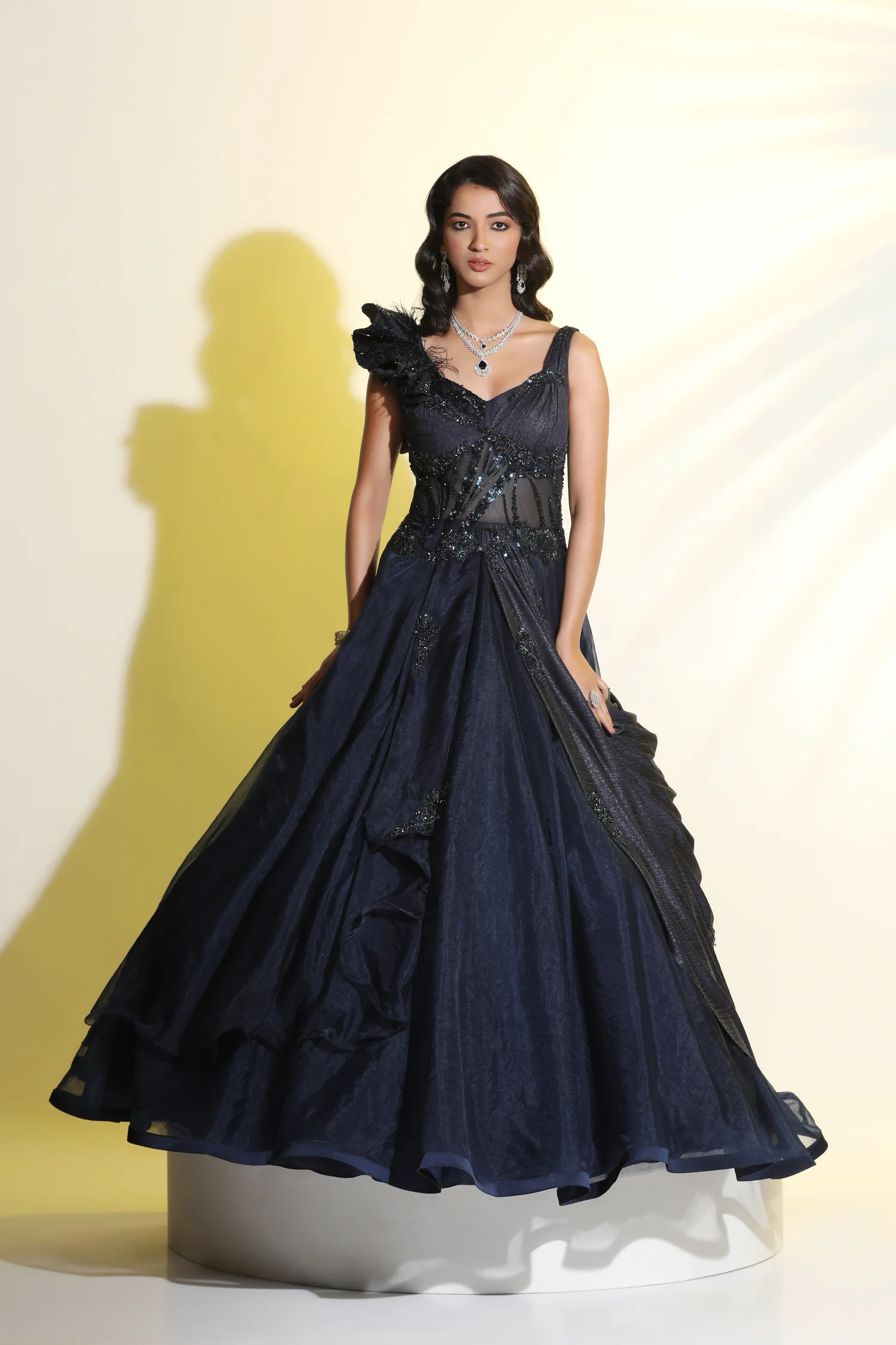 Navy Blue Draped Ball Gown