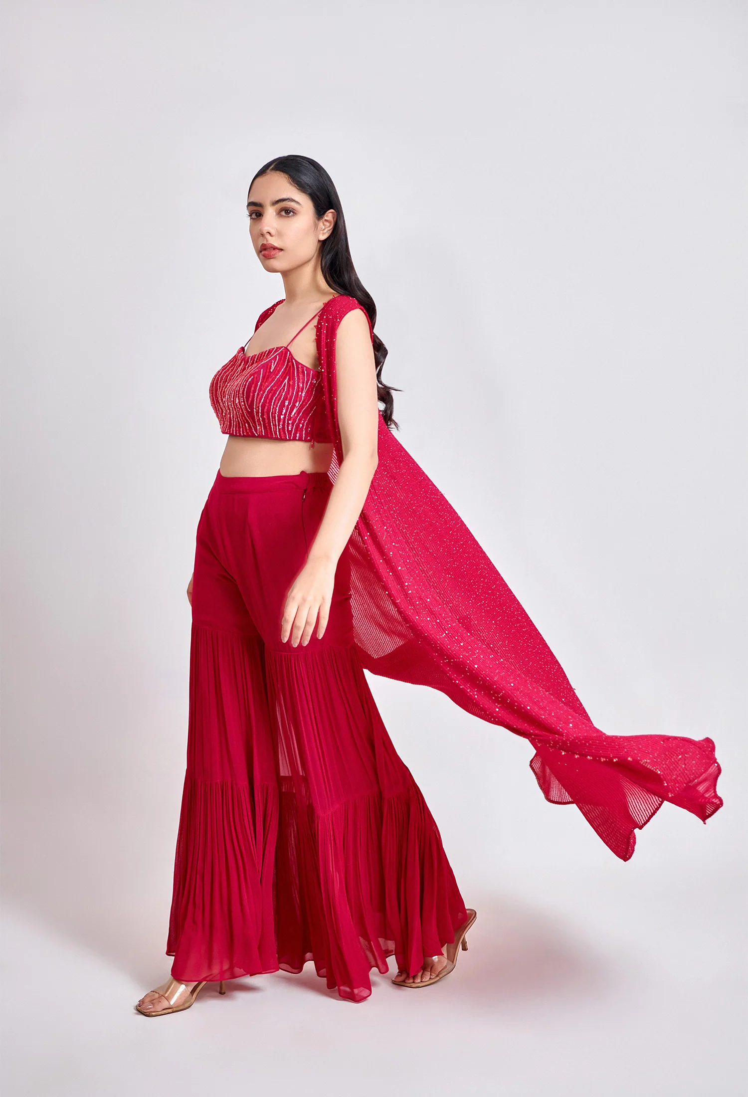 Crimson Charm Sharara with Embroidered Cape - Image 2